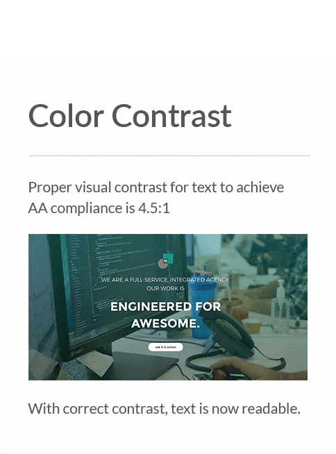 screenshot of a website without proper color contrast, and after color contrast correction